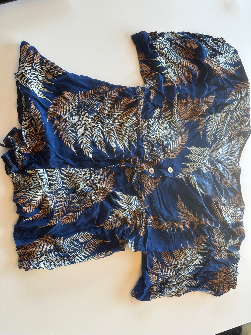 Navy Fern-Print Button-Front Jumpsuit